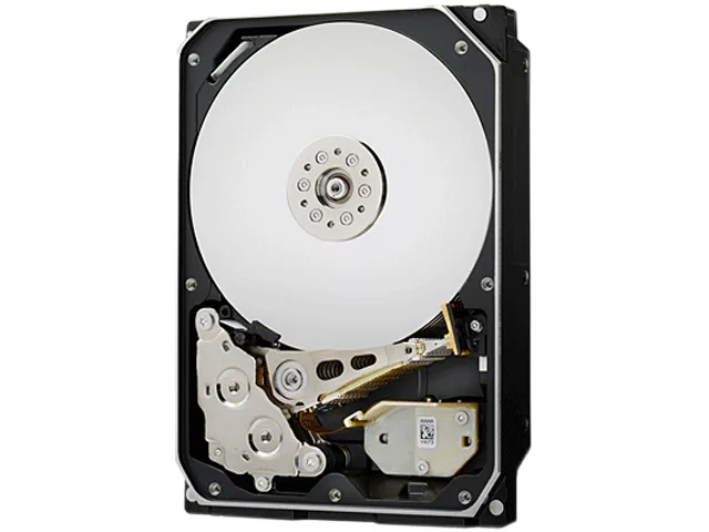 Silver 3.5 inch bare hard drive with circuit board visible