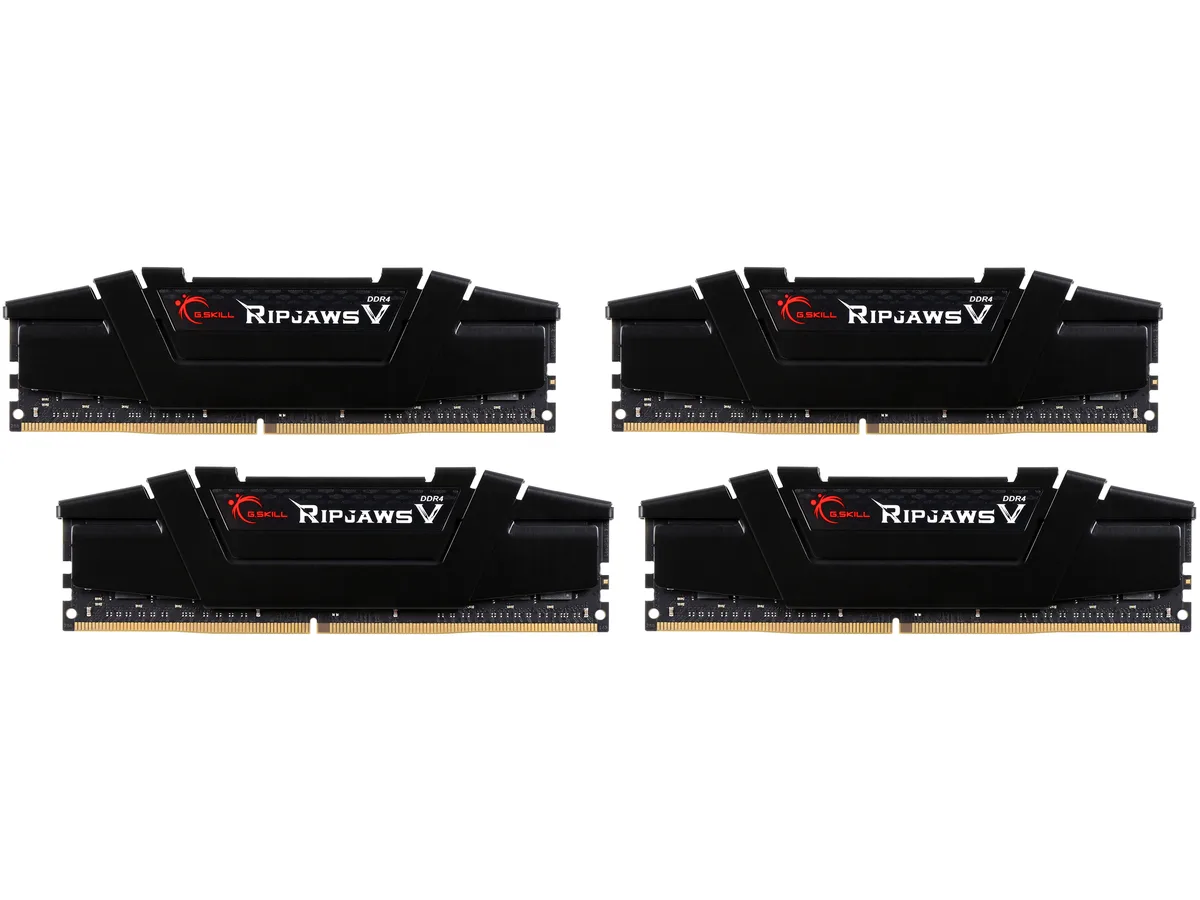 Four black DDR4 modules with aluminum heatspreaders