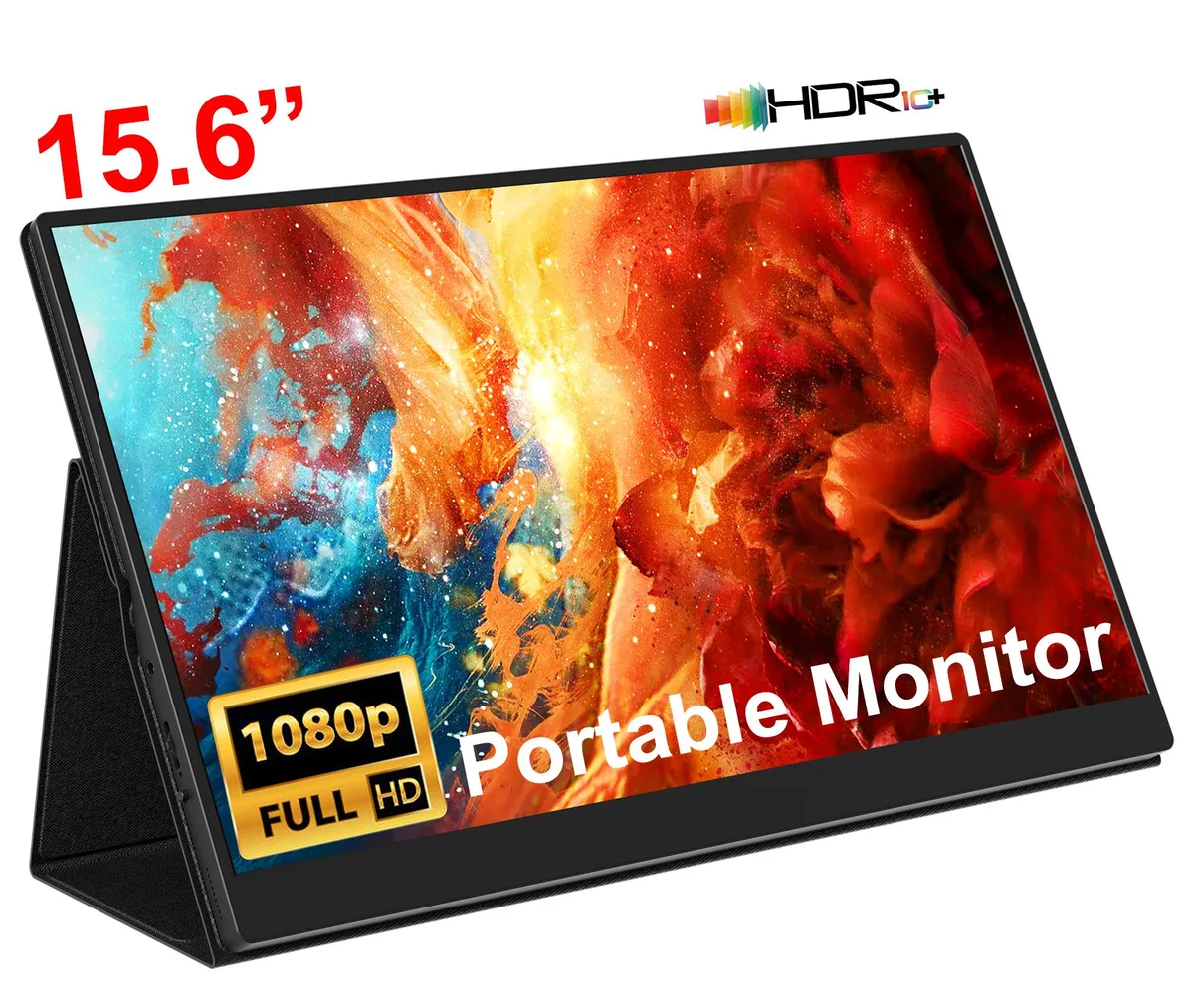 Black 15.6 inch portable monitor with ultra-thin profile and smart case stand