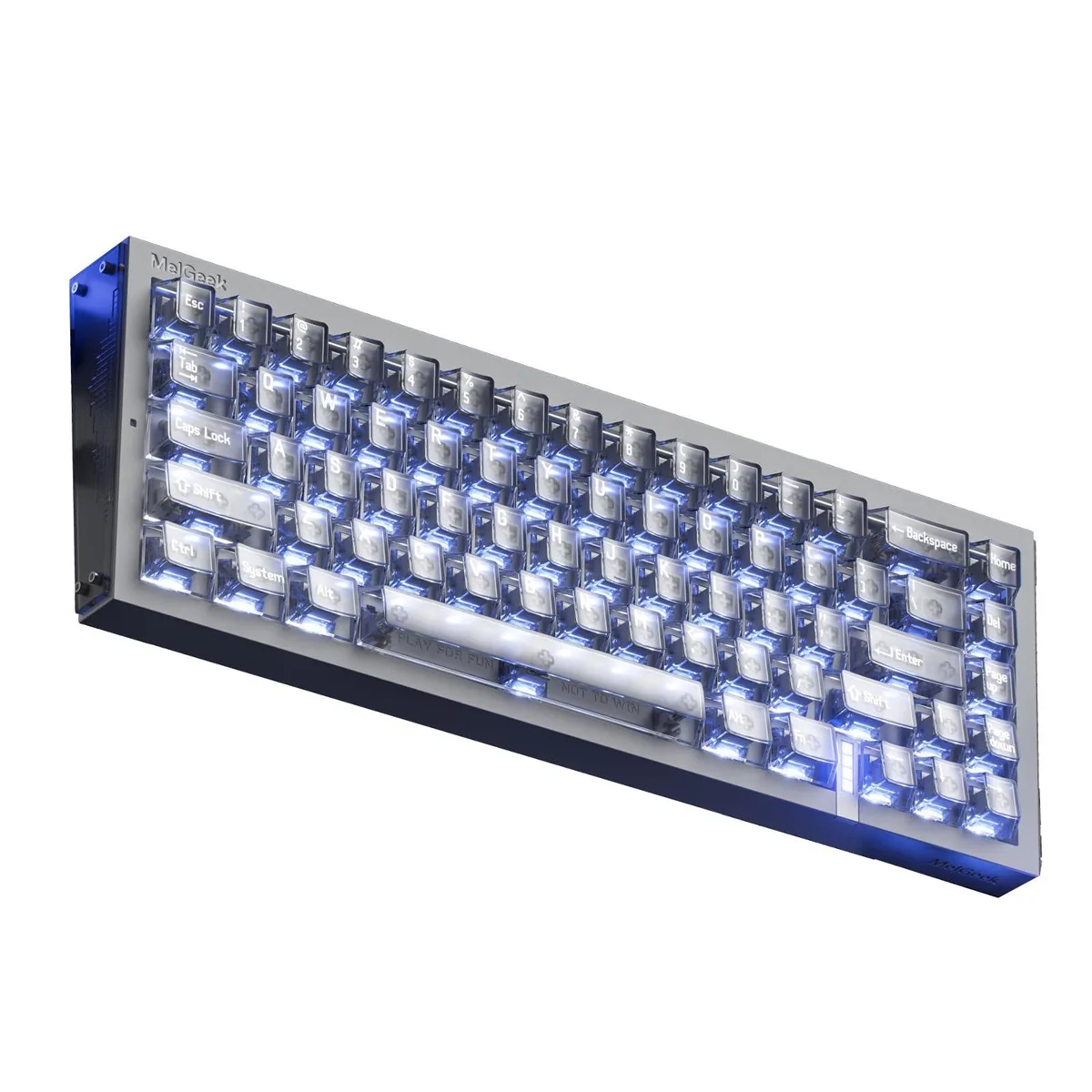 Compact 65% keyboard in calcium-grey plastic with RGB backlighting and USB-C cable