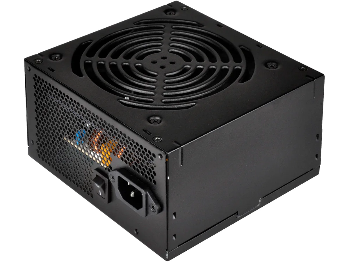 Silver metal box with a 120 mm fan and black cables