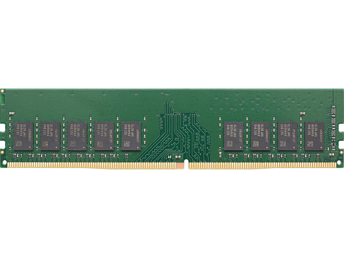 Green Synology DDR4 memory module with black chips on circuit board