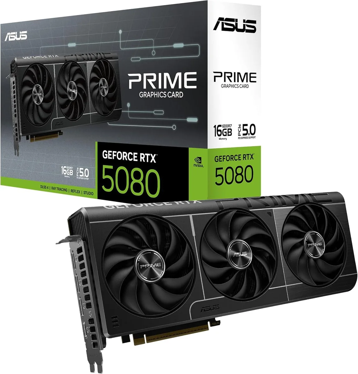 Black triple-fan graphics card with angular shroud and backplate