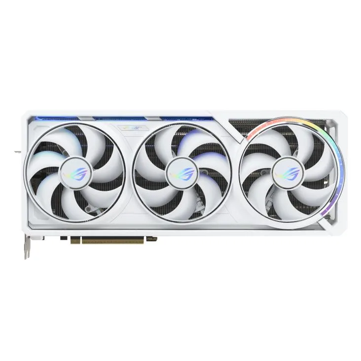 White triple-fan graphics card with silver backplate and ROG branding