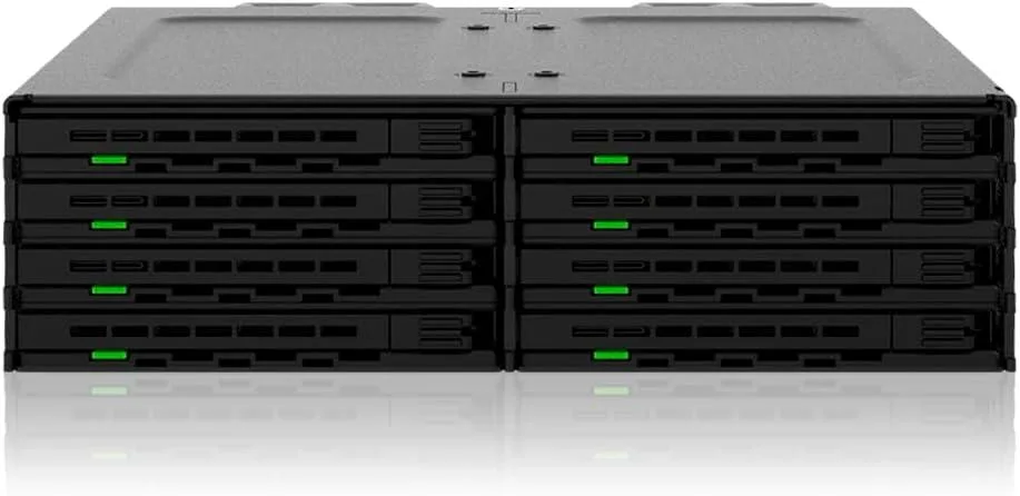 Black metal eight-bay mobile rack with dual 40mm fans and removable drive trays