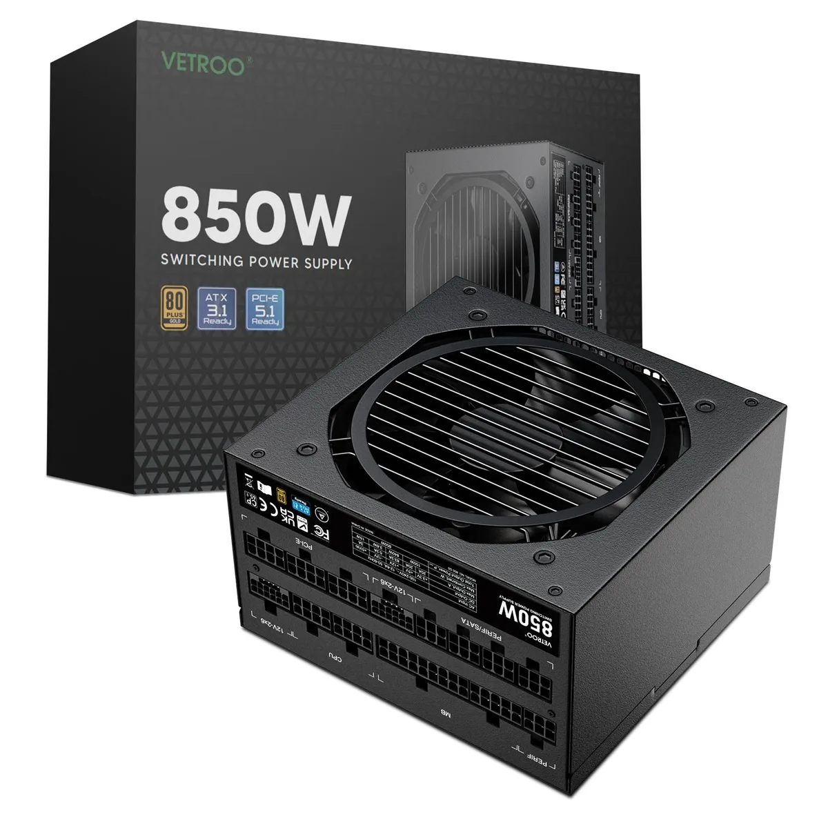Vetroo Vetroo 850W Power Supply Dual PCIe 5.1 ATX 3.1 80 Plus Gold Full Modular Black — product photo