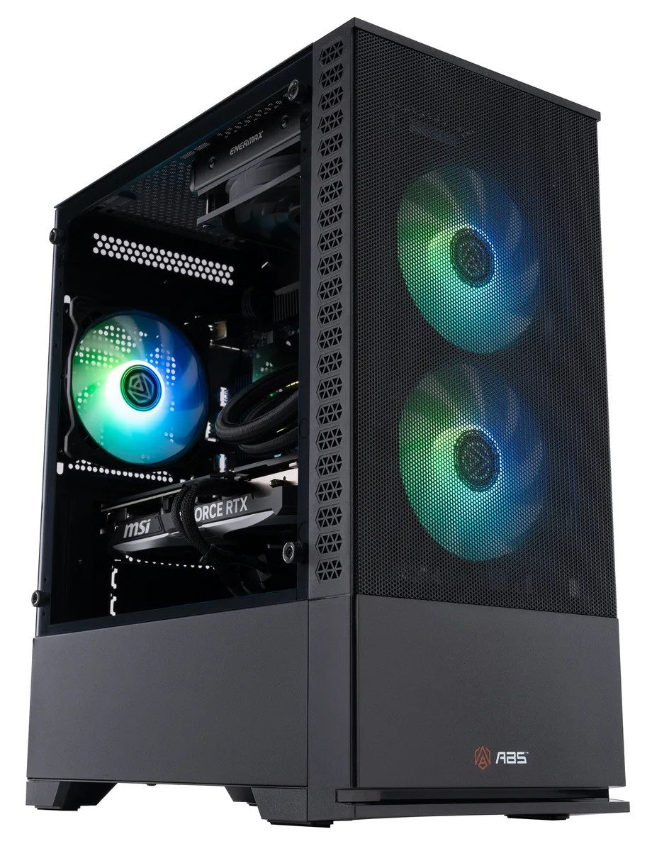 Black mATX gaming desktop with RGB memory and liquid cooling