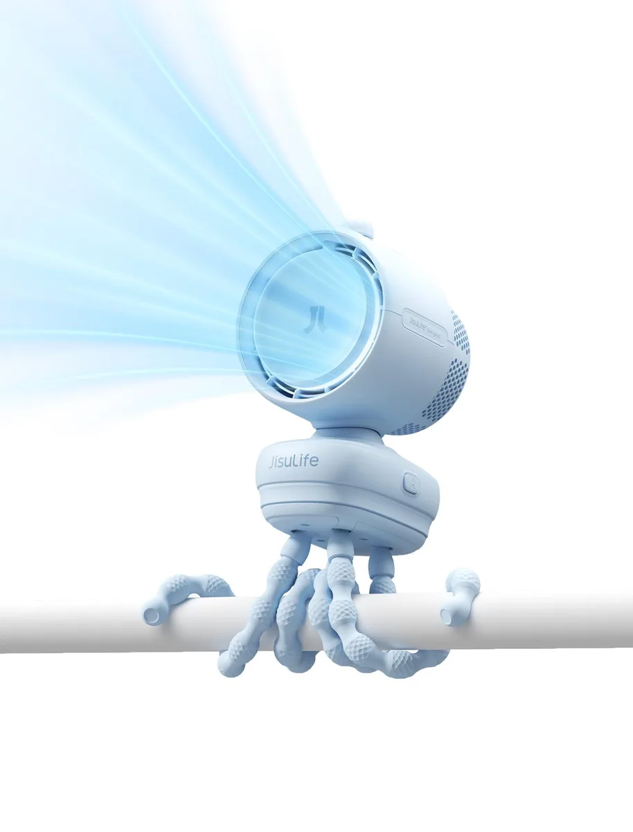  JISULIFE Stroller Fan 3(01) Blue Quadpod 120° Oscillation 100 Speeds 5000mAh 21H — ภาพสินค้า