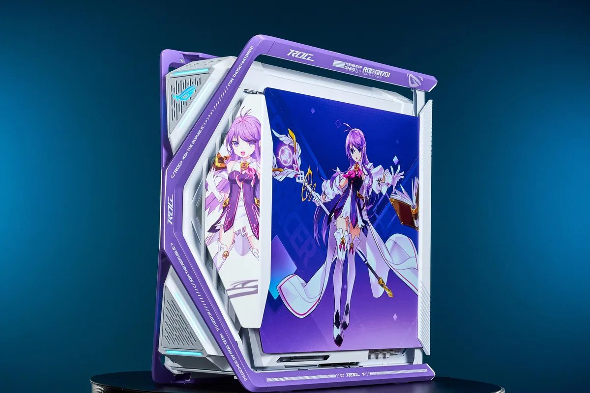 Full tower PC case in purple finish with dual tempered glass panels and four 140 mm fans