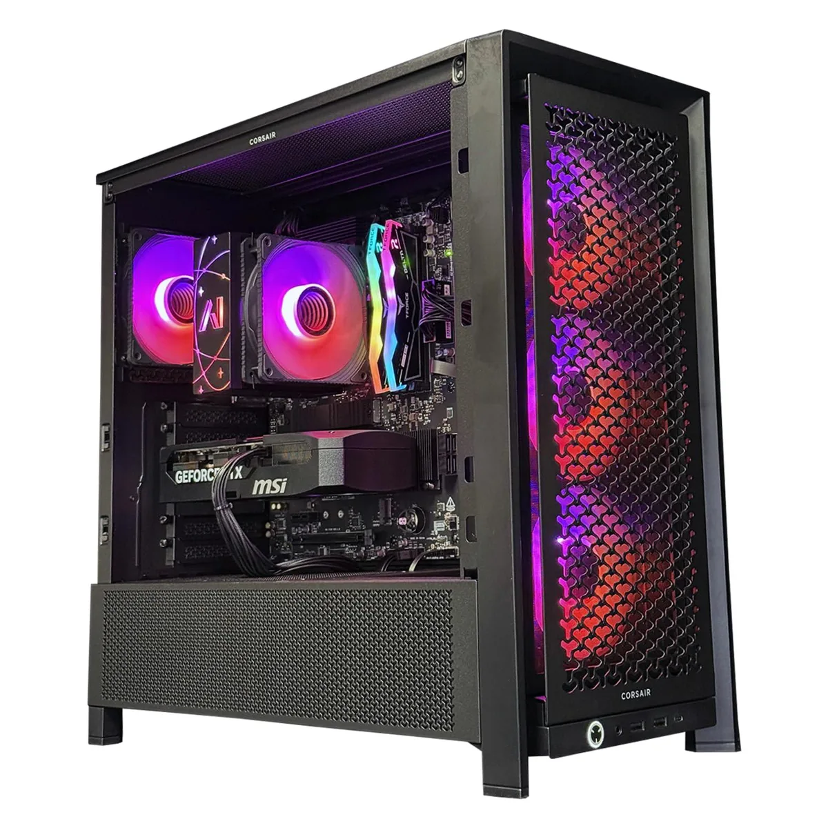 Mid-tower gaming desktop with ARGB fans and glass panel