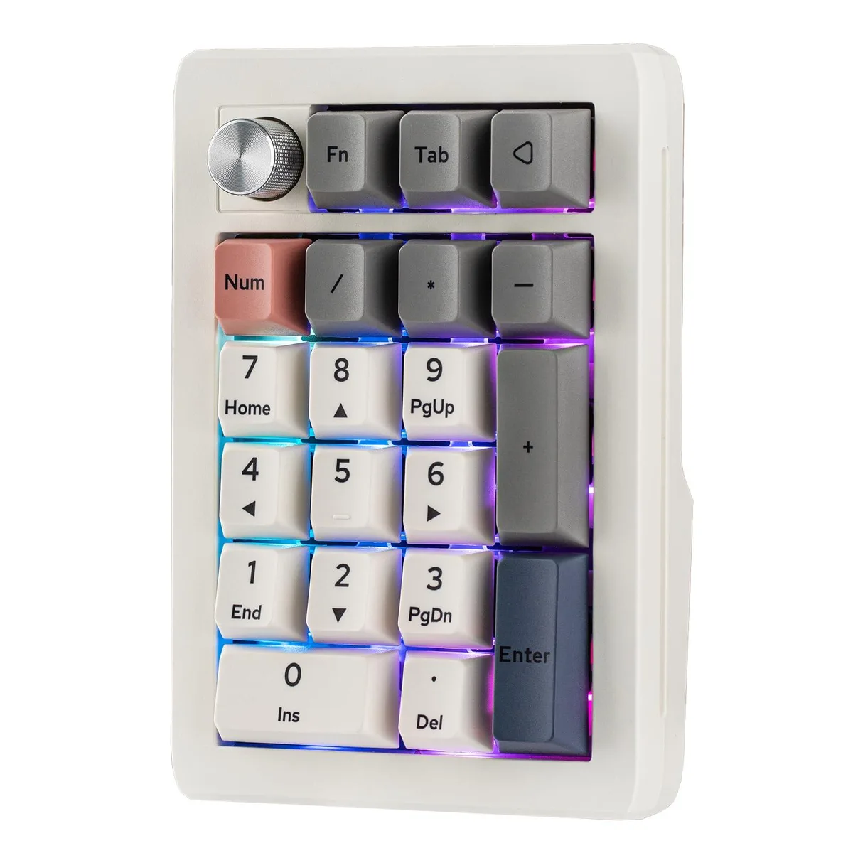 Compact white 20-key numpad with aluminum knob and RGB backlighting