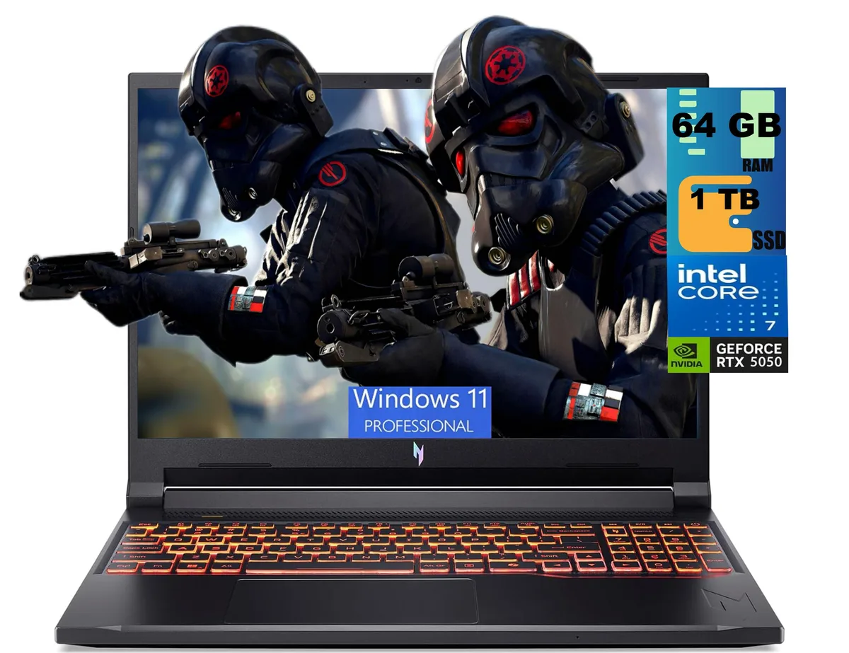 Black 16 inch gaming laptop with thin bezels and backlit keyboard