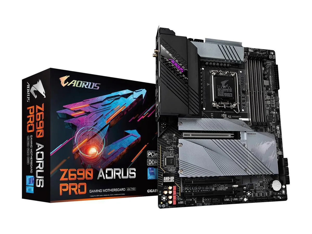 ATX motherboard in dark grey with silver heatsinks and rear I/O shield
