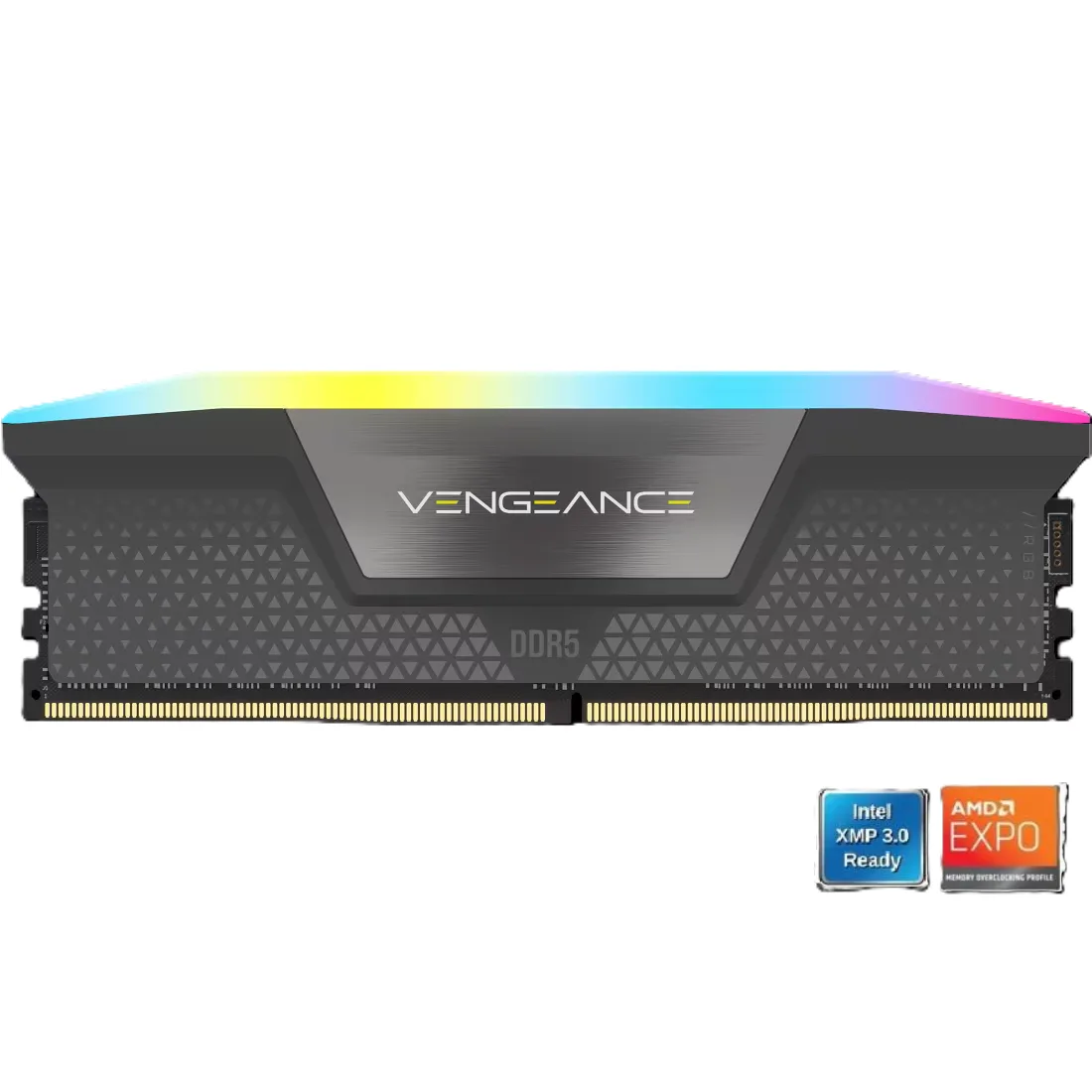 Single gray DDR5 stick with RGB light bar and aluminum heatspreader