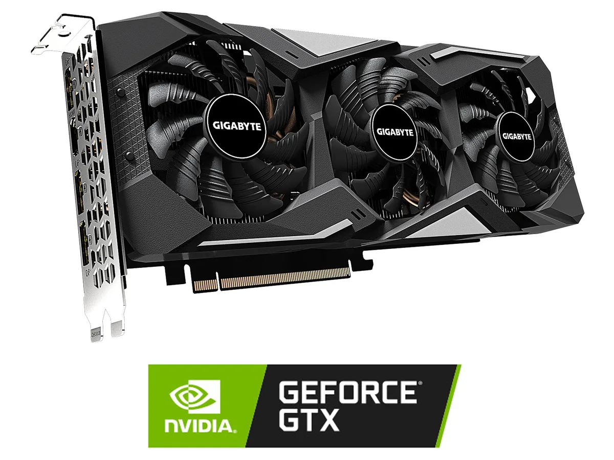 Black dual-slot graphics card with three axial fans and a metal backplate