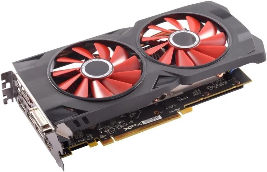 XFX Radeon RX 570 XXX Edition graphics card in black dual-fan shroud with backplate