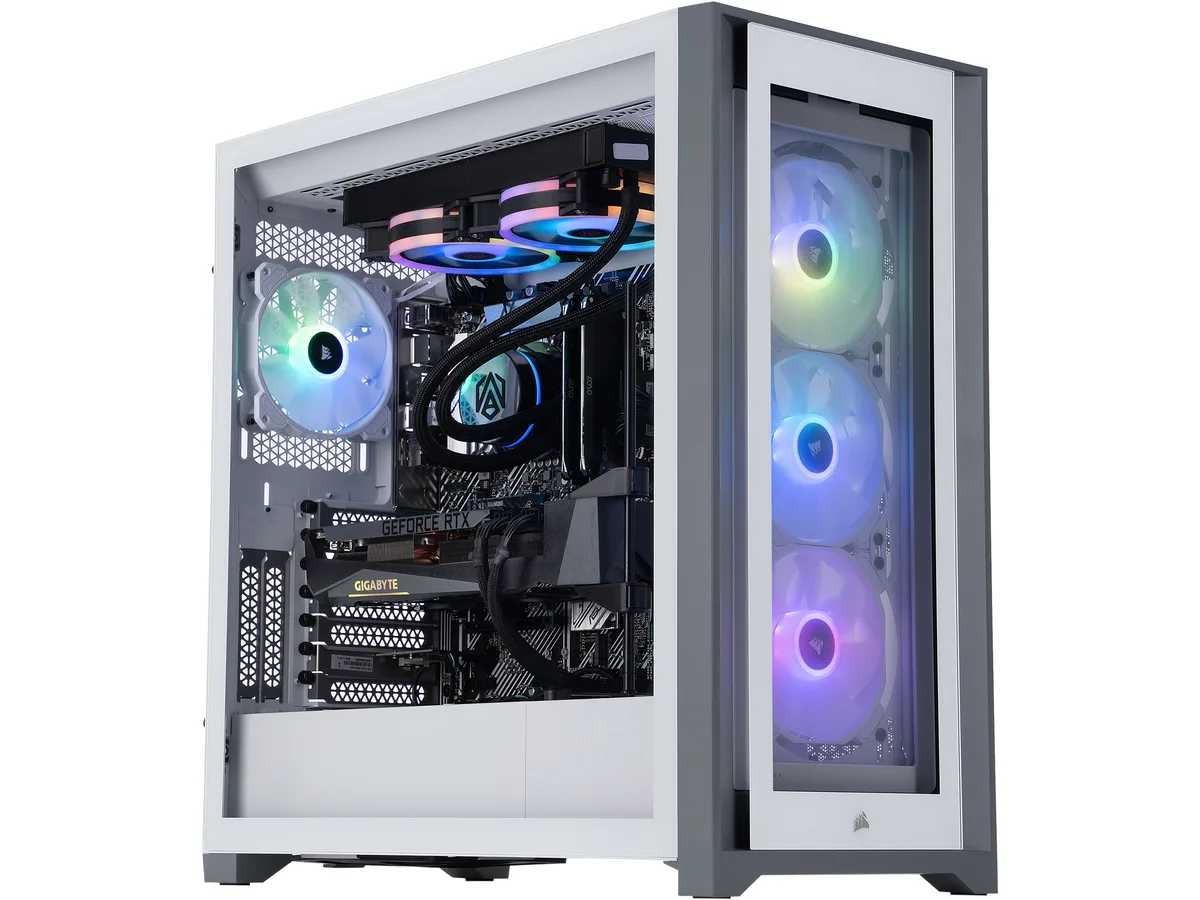 White mid-tower case with glass side panel showing RGB AIO cooler and memory
