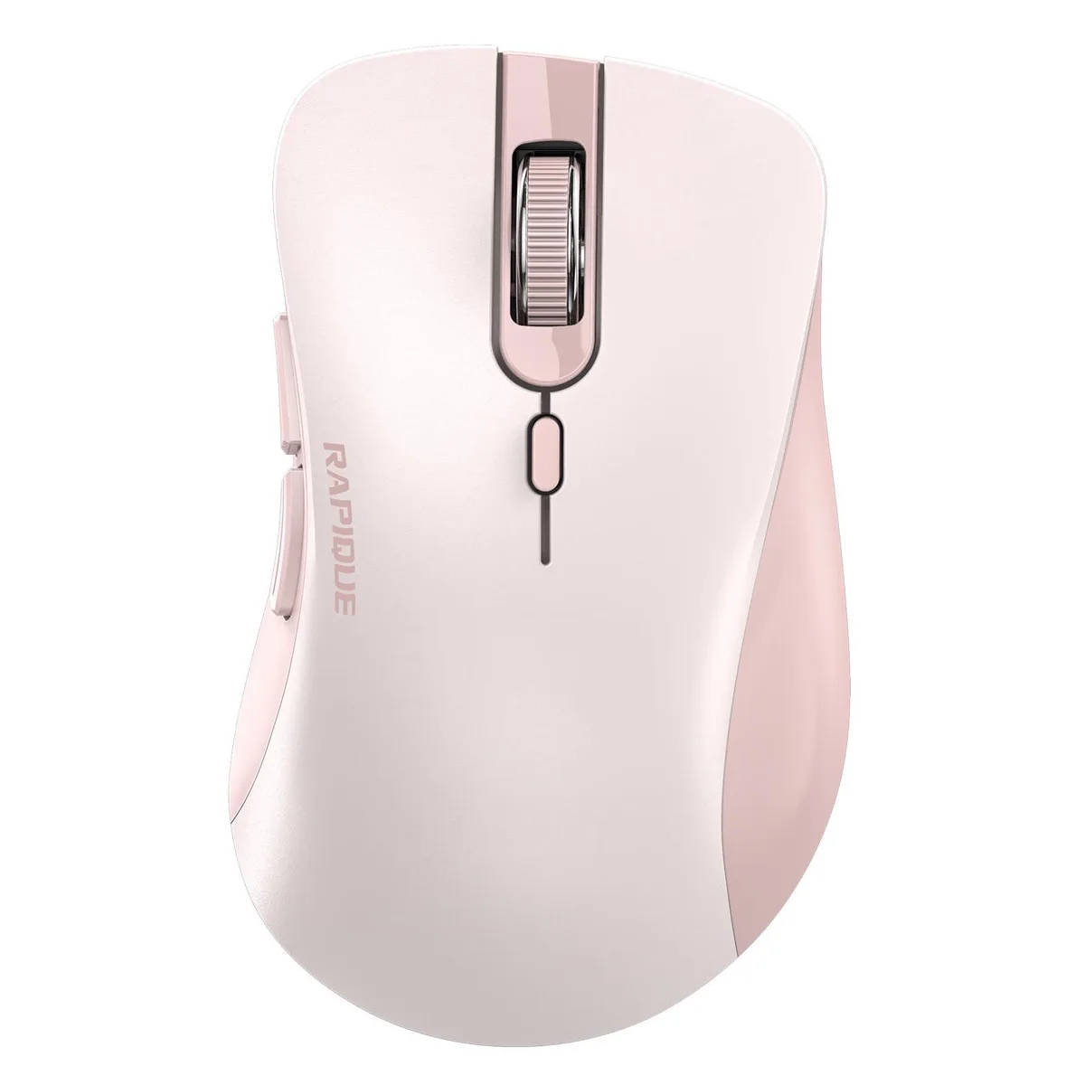 Pink wireless gaming mouse, right-handed ergonomic shape, six buttons, rubber scroll wheel