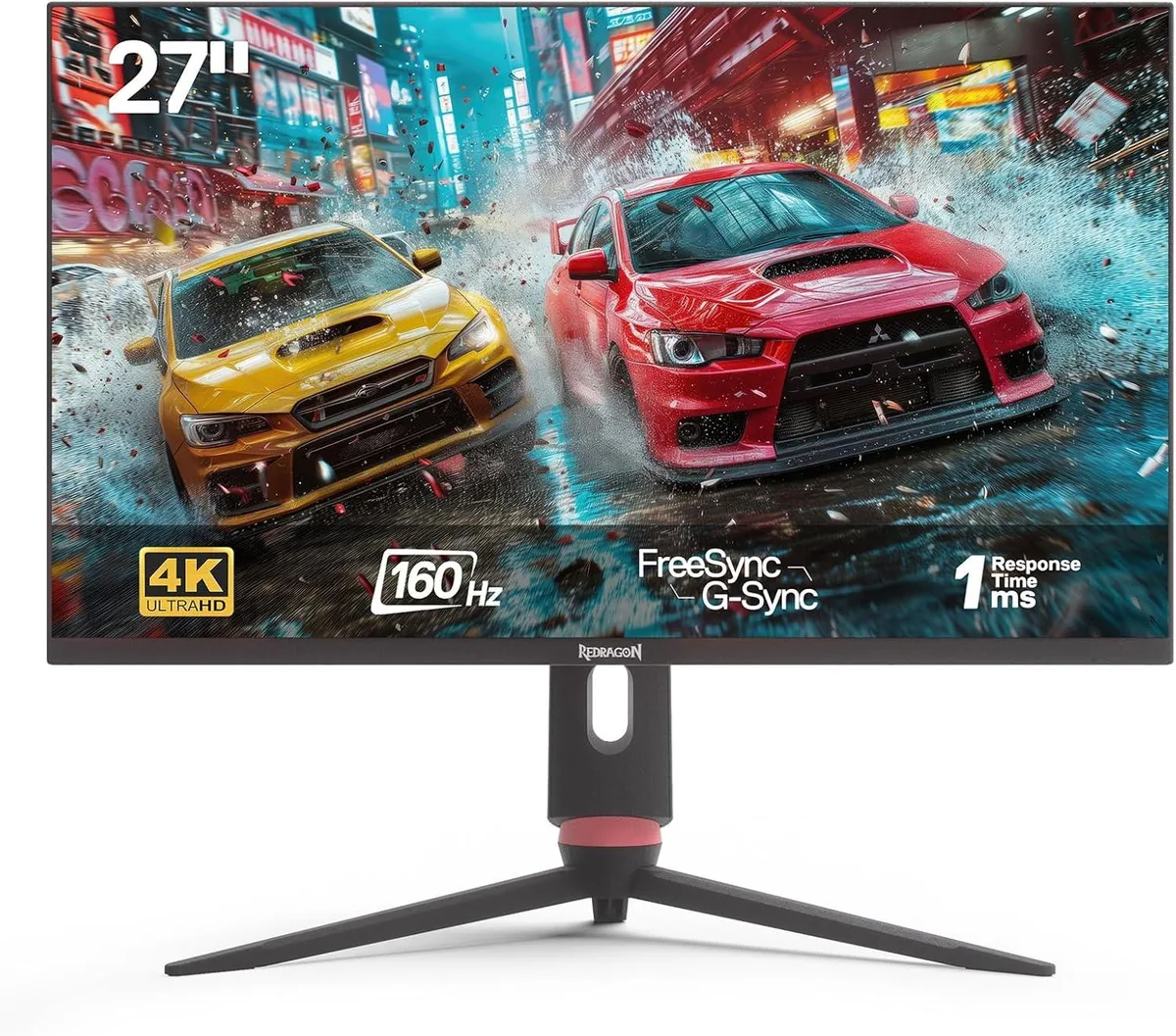 Black 27-inch flat gaming monitor with thin bezels and a sturdy stand