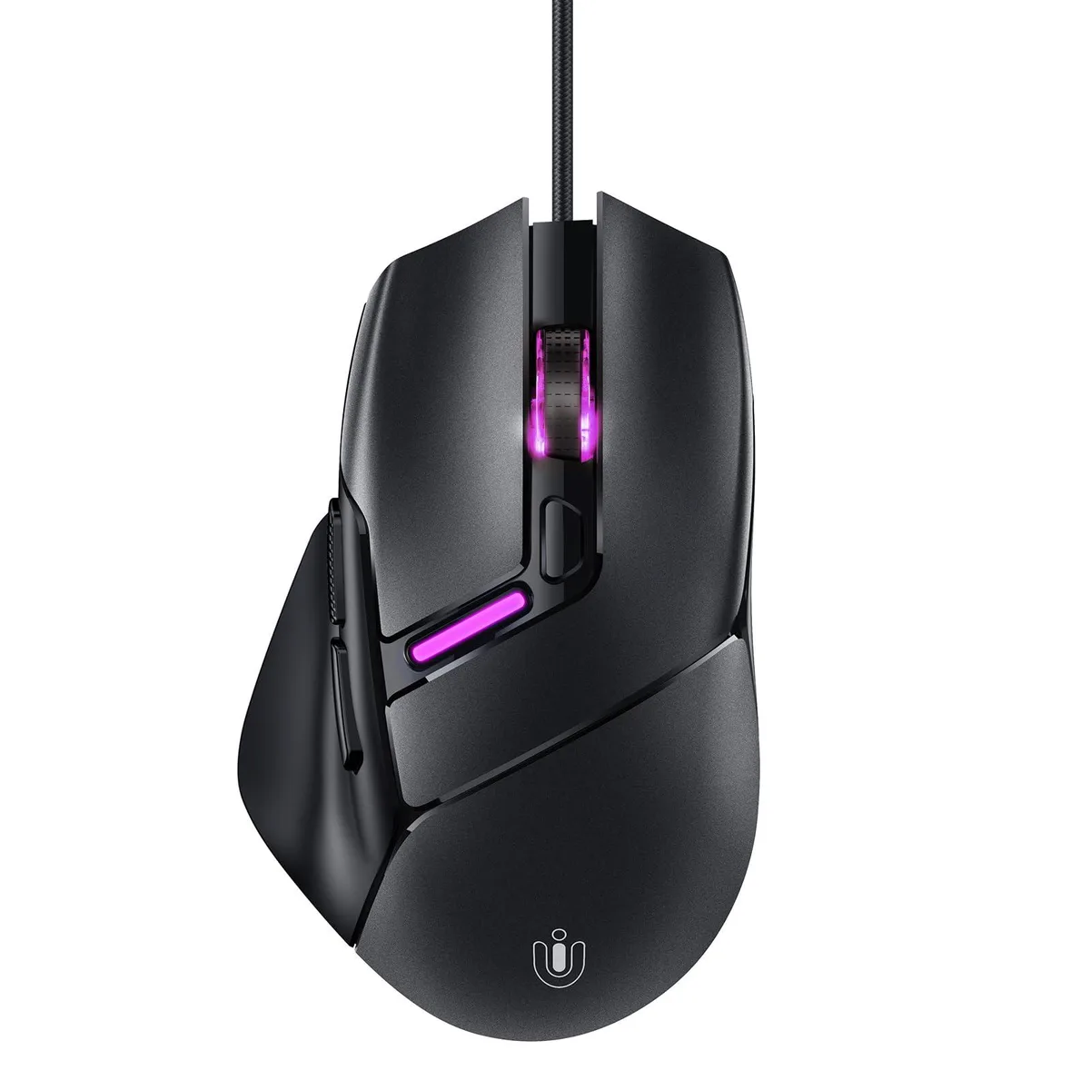 Black ergonomic right-handed wired gaming mouse with RGB lighting, widened thumb rest, anti-slip side grip, six buttons