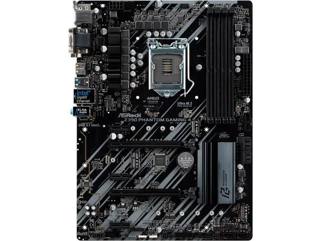 Rectangular ATX motherboard with black PCB and grey metal heatsinks on VRM and chipset areas