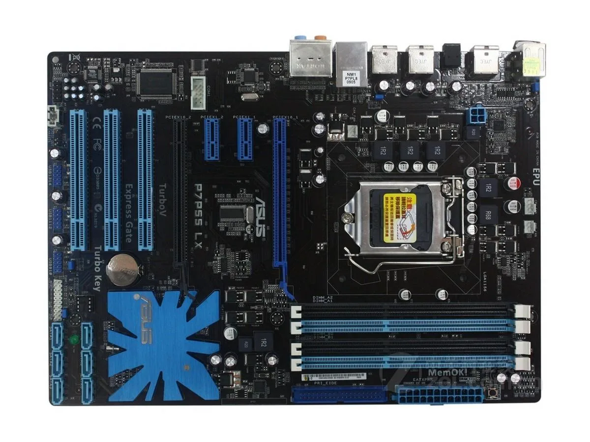 ASUS P7P55 LX ATX motherboard with LGA 1156 socket and Intel P55 chipset