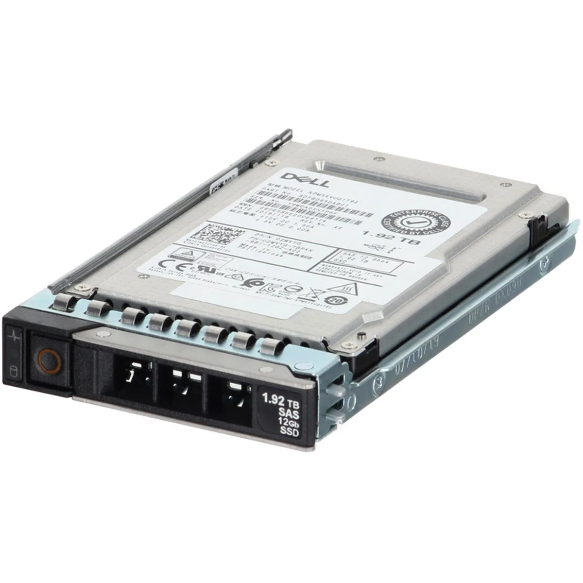 A 2.5 inch Dell enterprise SSD with silver metal casing and SAS connector