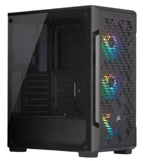 Black mid-tower PC case with steel mesh front panel, three RGB fans and tempered glass side window