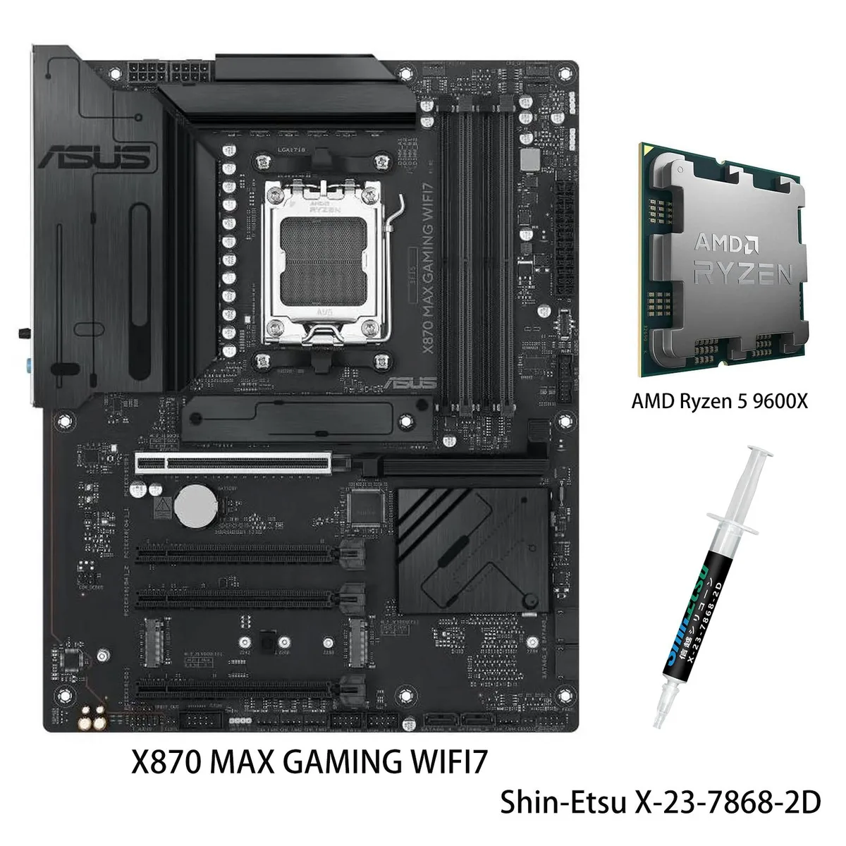 Black ATX motherboard with large silver VRM heatsinks, CPU socket exposed, I/O shield pre-mounted