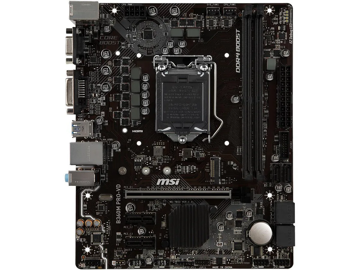 Green micro-ATX board with silver heatsinks, black slots and rear I/O shield
