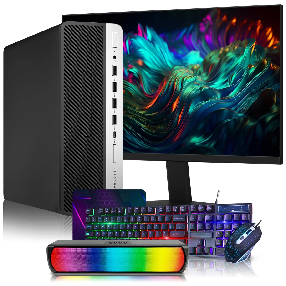 HP HP ProDesk 600 G4 SFF desktop PC i5-8500 32GB 512GB 24" monitor — product photo