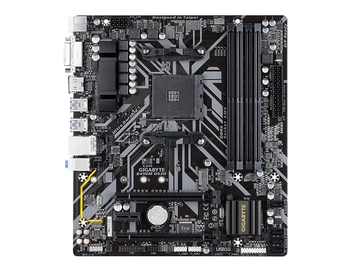 GIGABYTE B450M DS3H ATX motherboard with black PCB and silver heatsinks