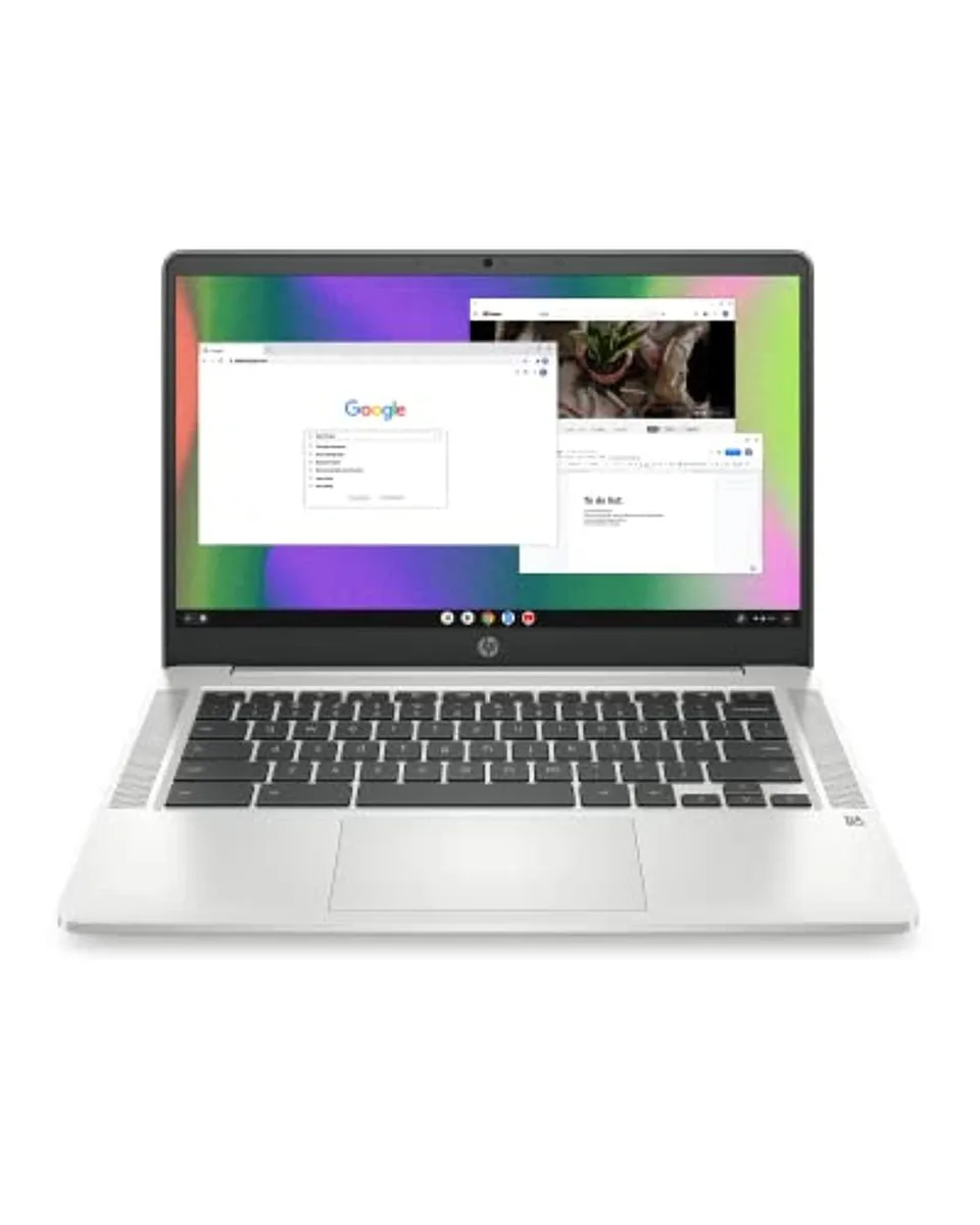 Ash Gray HP Chromebook 14 laptop, thin clamshell with 14 inch HD anti-glare screen