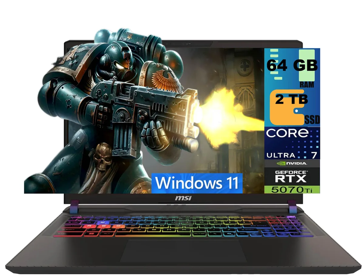 Black 16-inch gaming laptop with matte finish and RGB keyboard