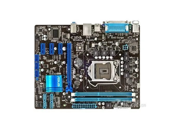 Green rectangular micro ATX motherboard with silver CPU socket, black memory slots and blue SATA ports