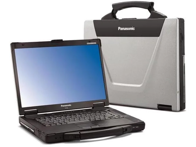 Black semi-rugged laptop closed, matte magnesium chassis with reinforced corners and carry handle