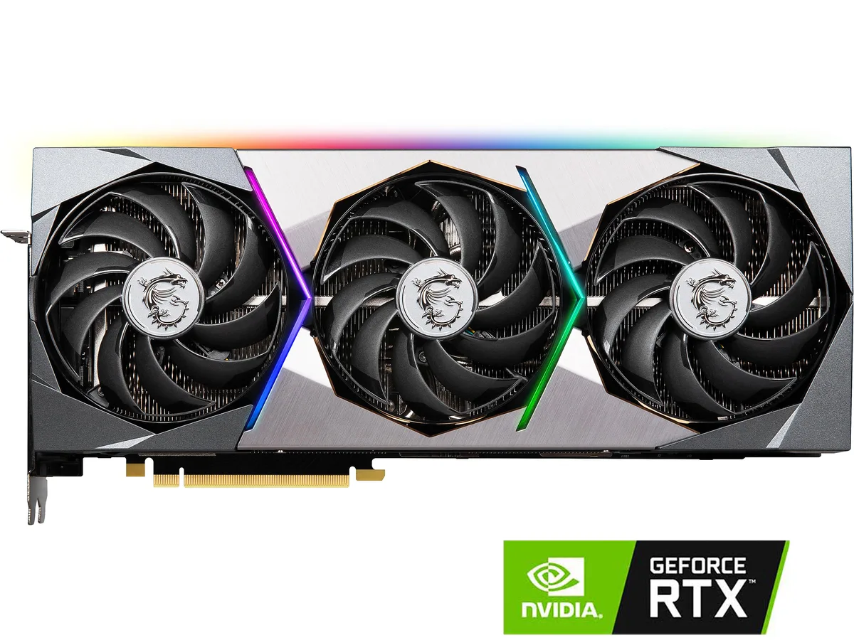 Black triple-fan graphics card with brushed metal backplate
