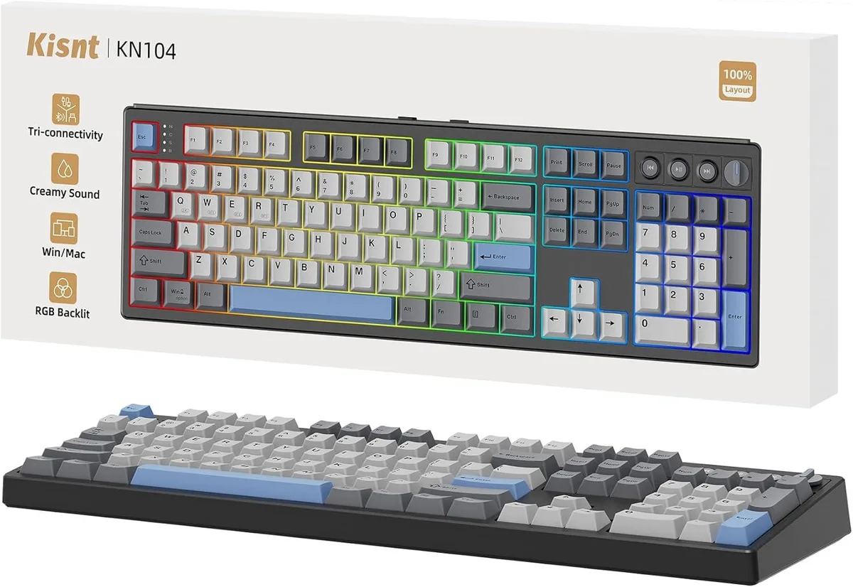 Full-size carbon-black mechanical keyboard with number pad, volume knob, RGB lighting and PBT keycaps