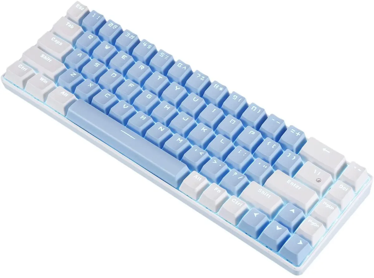 Compact 68-key 60% mechanical keyboard in blue and white with LED backlighting