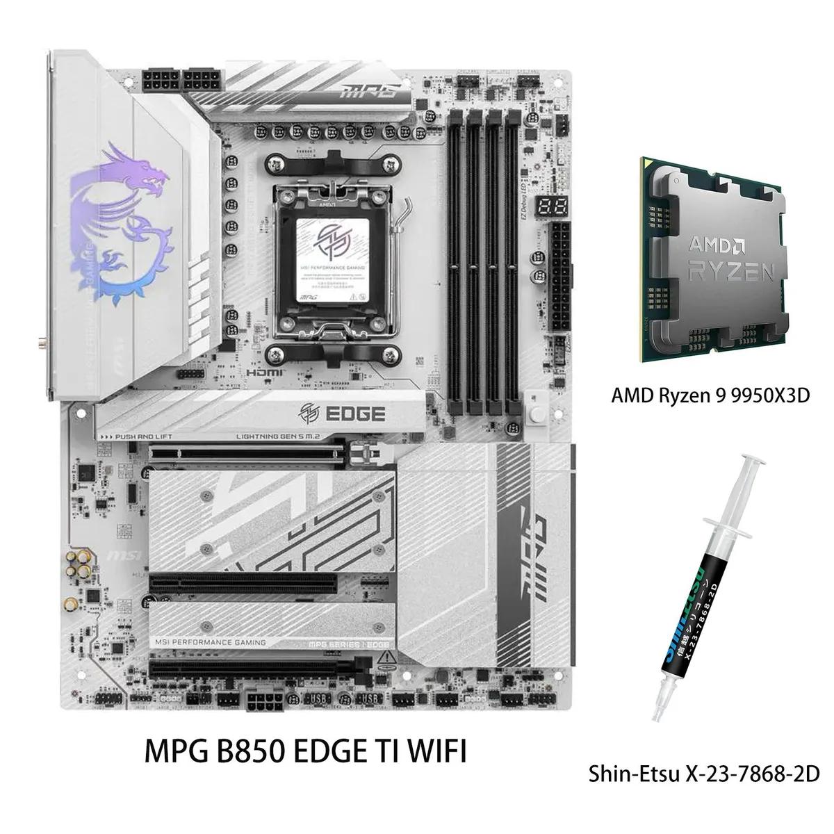 White ATX motherboard with extended heatsinks and a Ryzen 9 9950X3D CPU in socket AM5