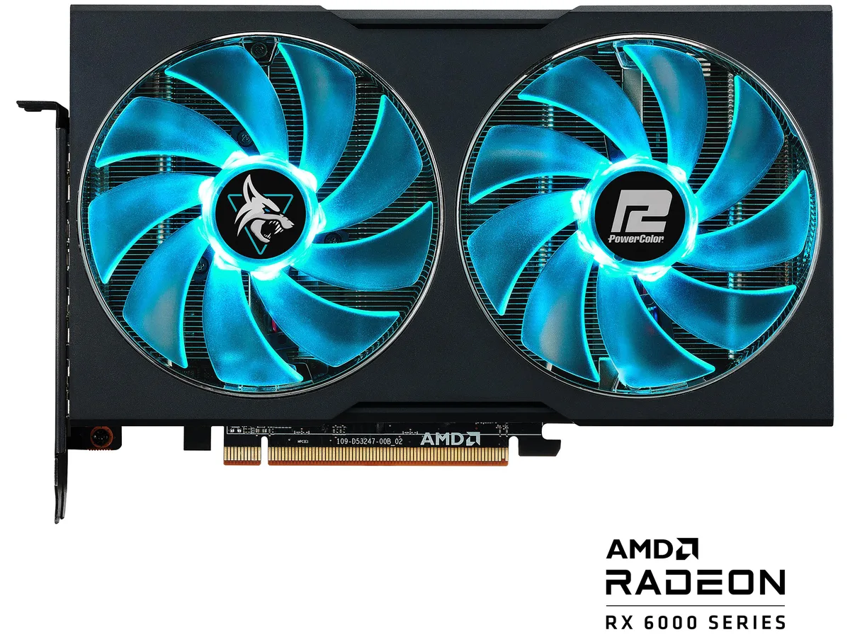PowerColor Hellhound Radeon RX 6600 XT graphics card with dual fans in black and silver finish