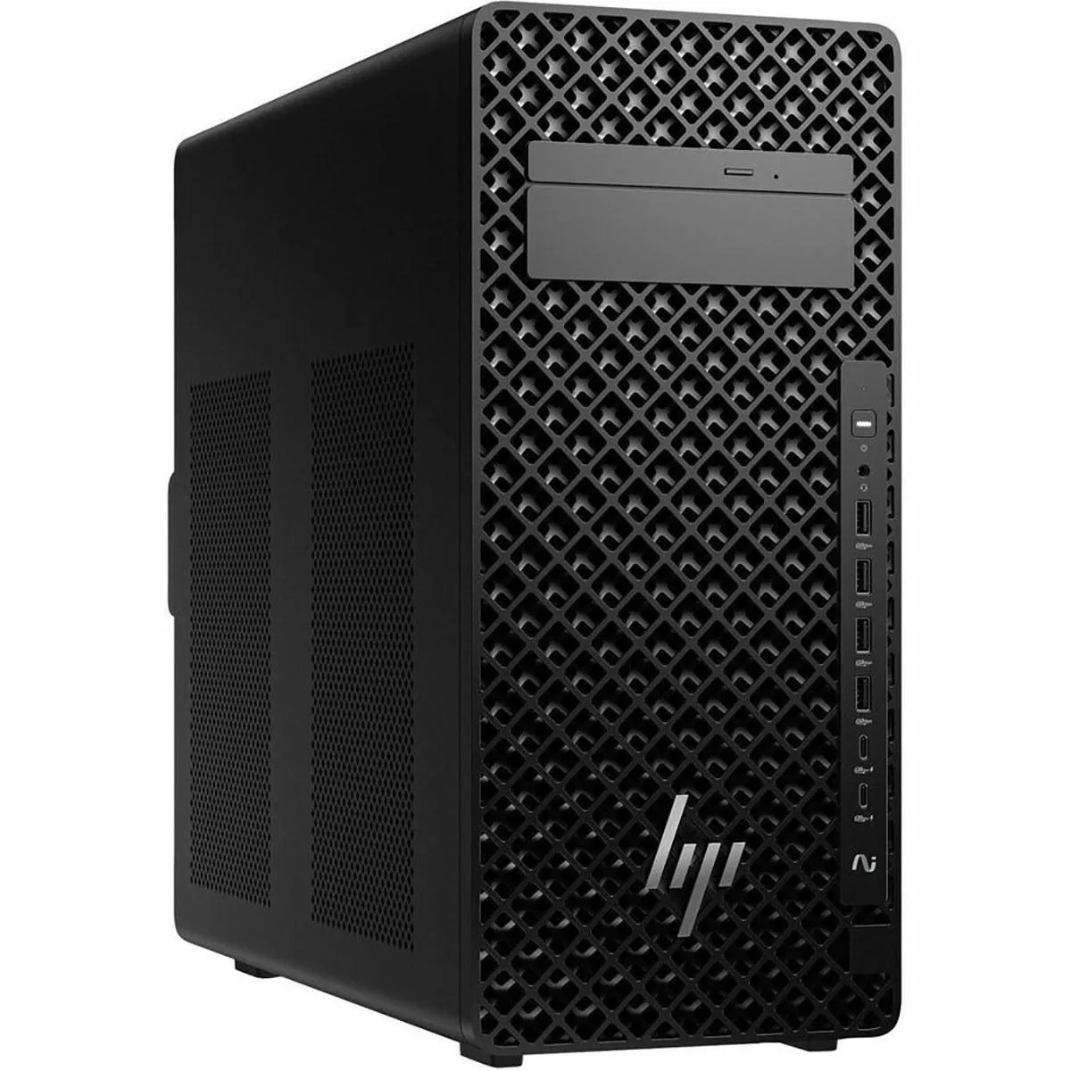 Tall black tower workstation with front USB-C ports
