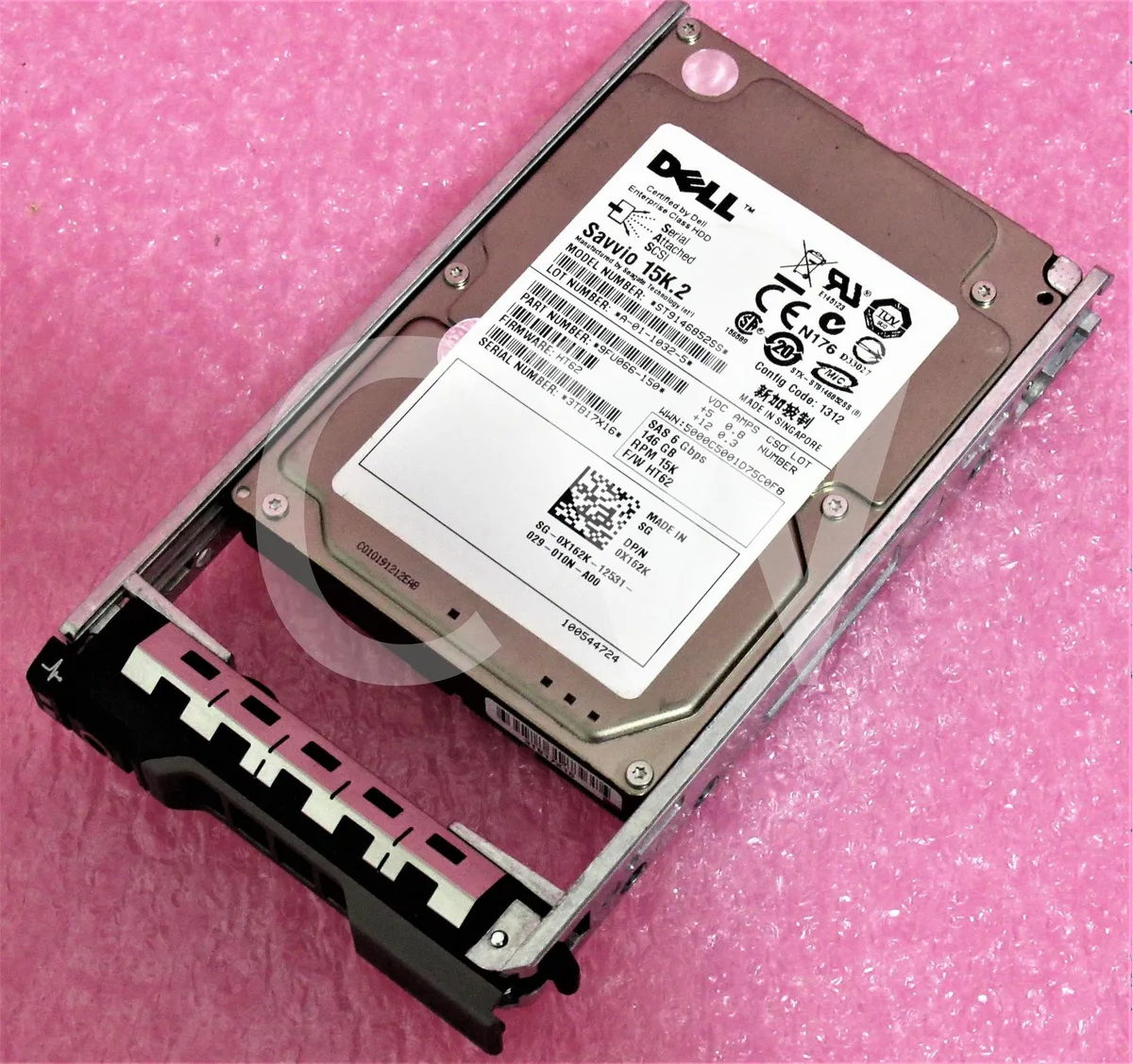 Silver 2.5 inch SAS hard drive mounted in black Dell R-series caddy tray