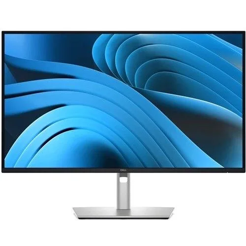 27 inch black monitor on adjustable silver stand, thin bezels, USB-C hub visible