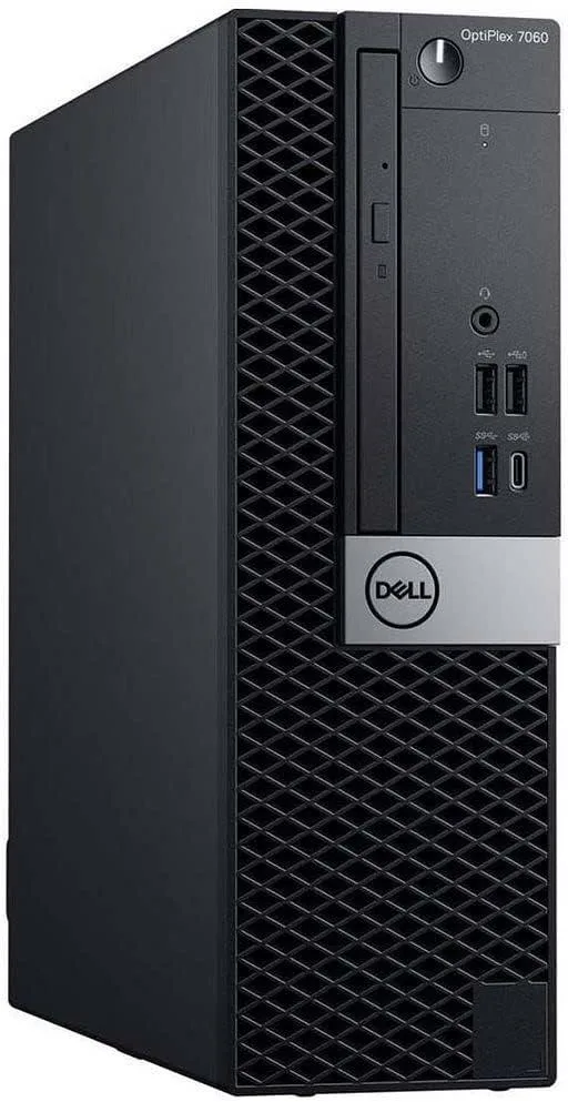 Black small-form-factor desktop tower, DVD drive, USB Wi-Fi adapter and power cord