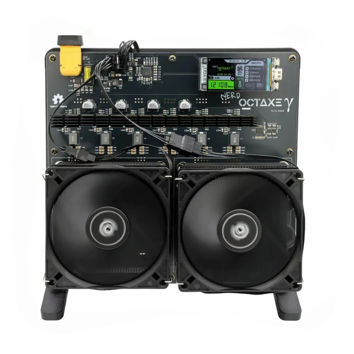 Compact grey box 27 by 23 by 22 cm with four fans on top and a power port at the rear