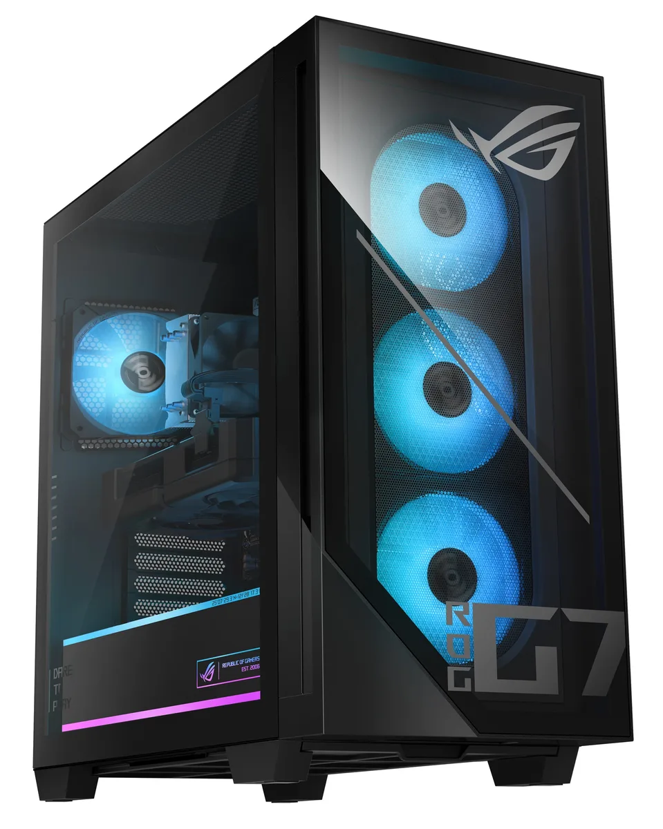 Black tower gaming PC with transparent front and side panels, RGB keyboard and mouse included