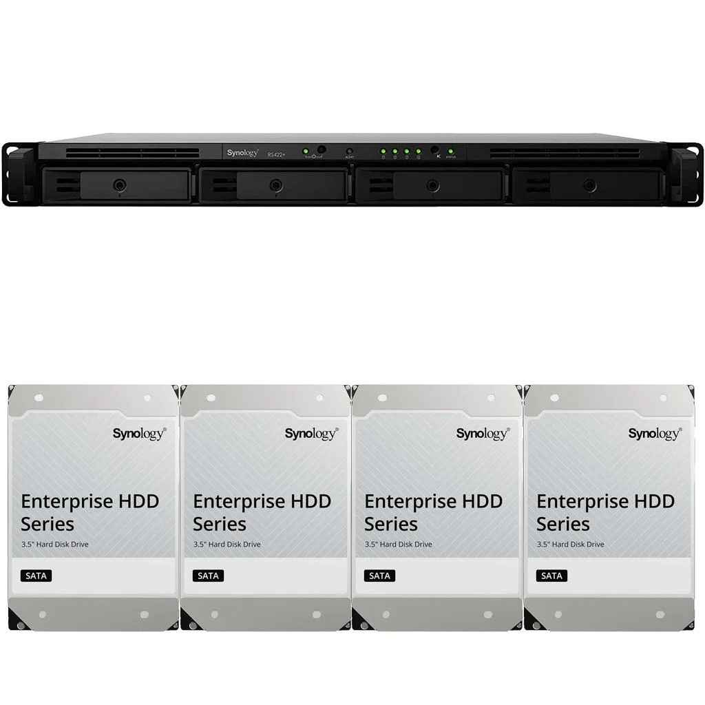 Silver 1U rackmount NAS with four drive bays visible on the front