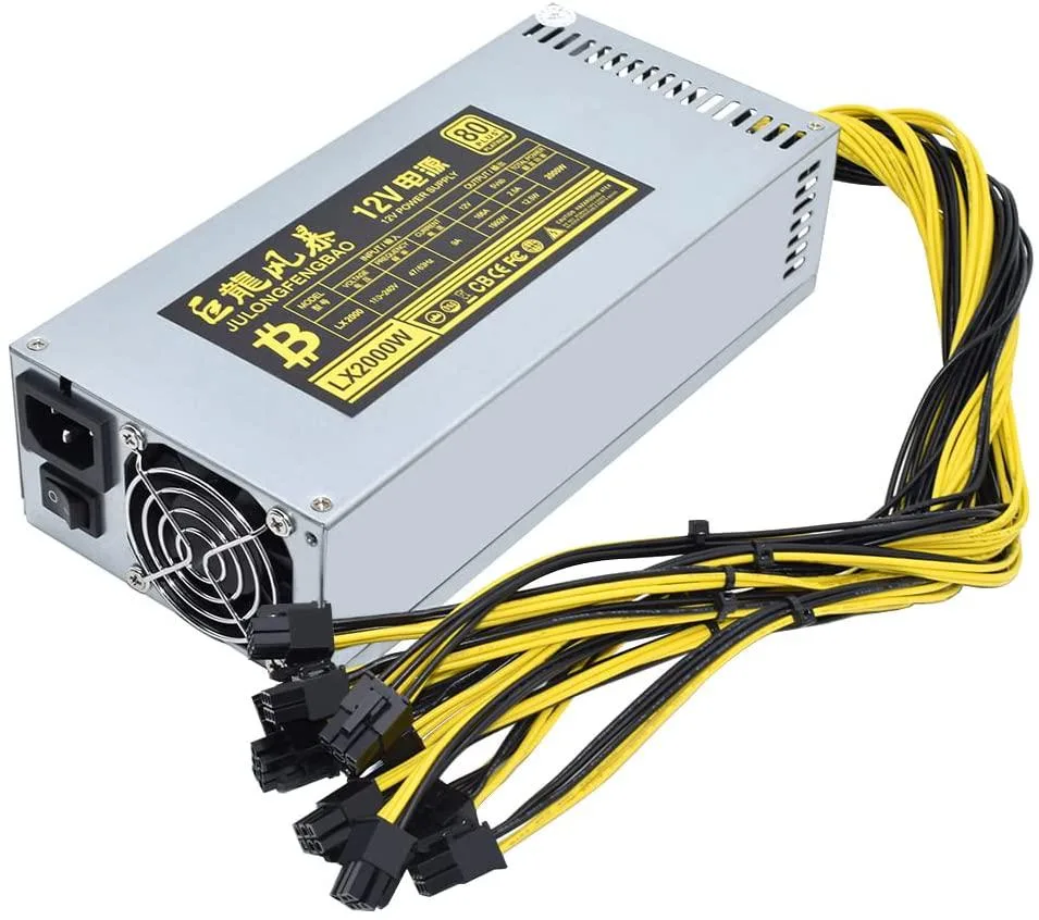 Silver 2U rack power supply, 12.8 by 12.05 by 5.08 inches, ten connectors