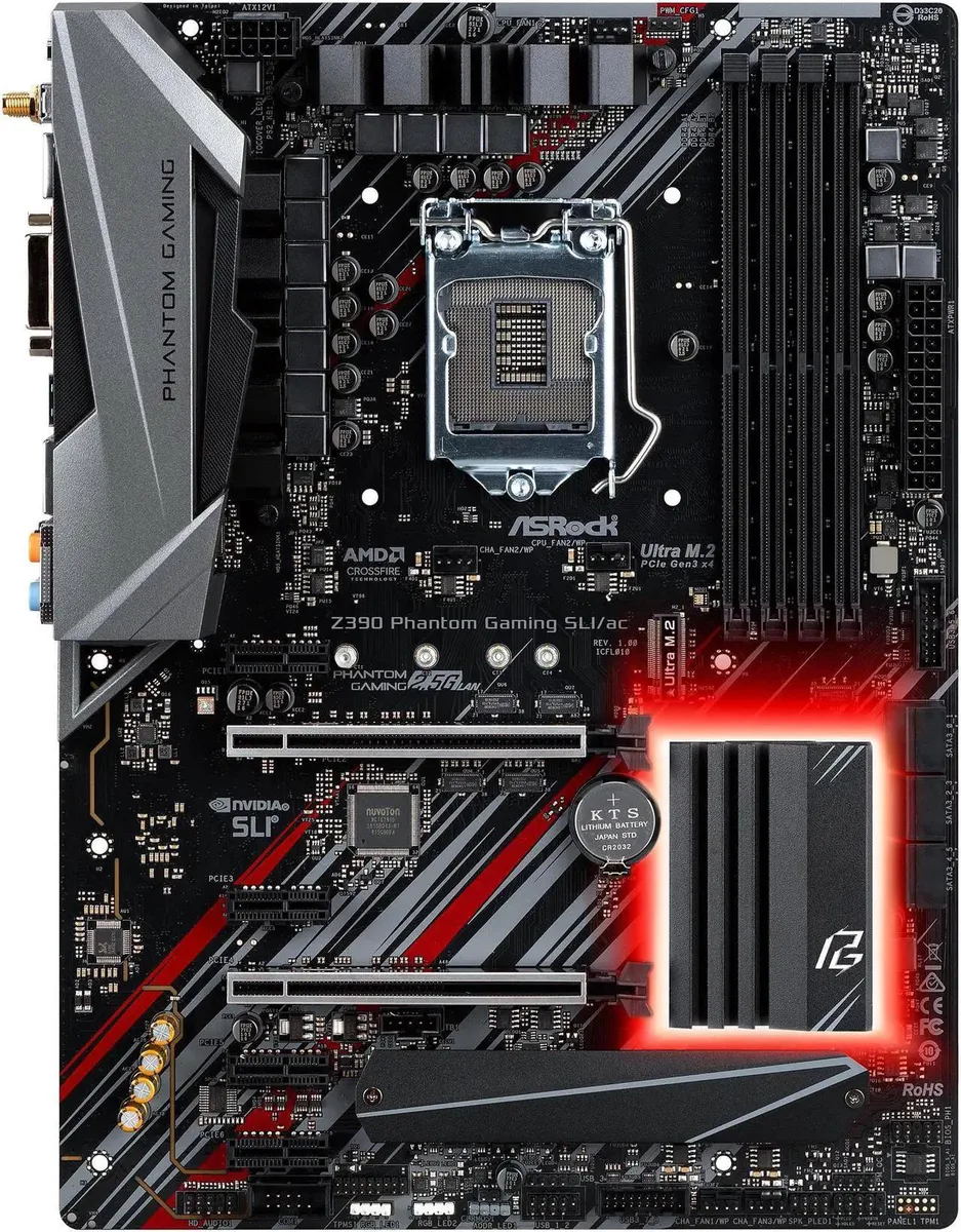 Black ATX motherboard with silver heatsinks and red accents on a dark PCB